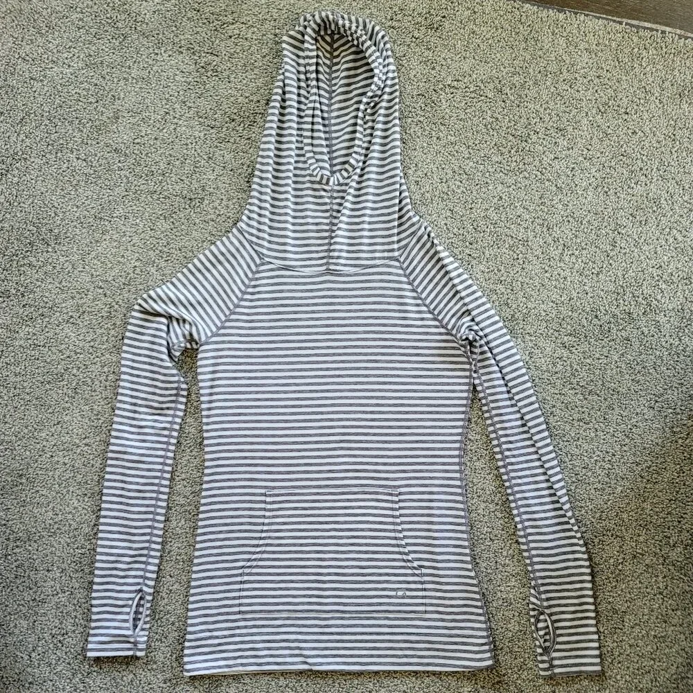 Gap Fit Breathe XS Grey &  White Stripe Funnel Neck Hoodie XS with Thumbholes - Picture 6 of 13
